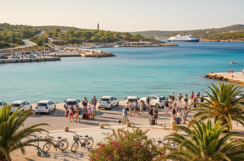 Coche de alquiler junto a playa de aguas turquesas en Formentera