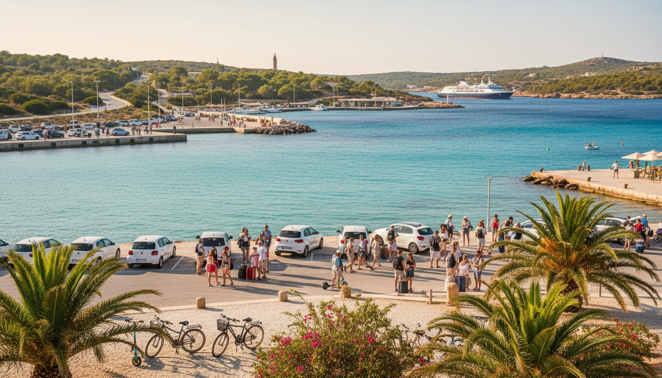 Coche de alquiler junto a playa de aguas turquesas en Formentera