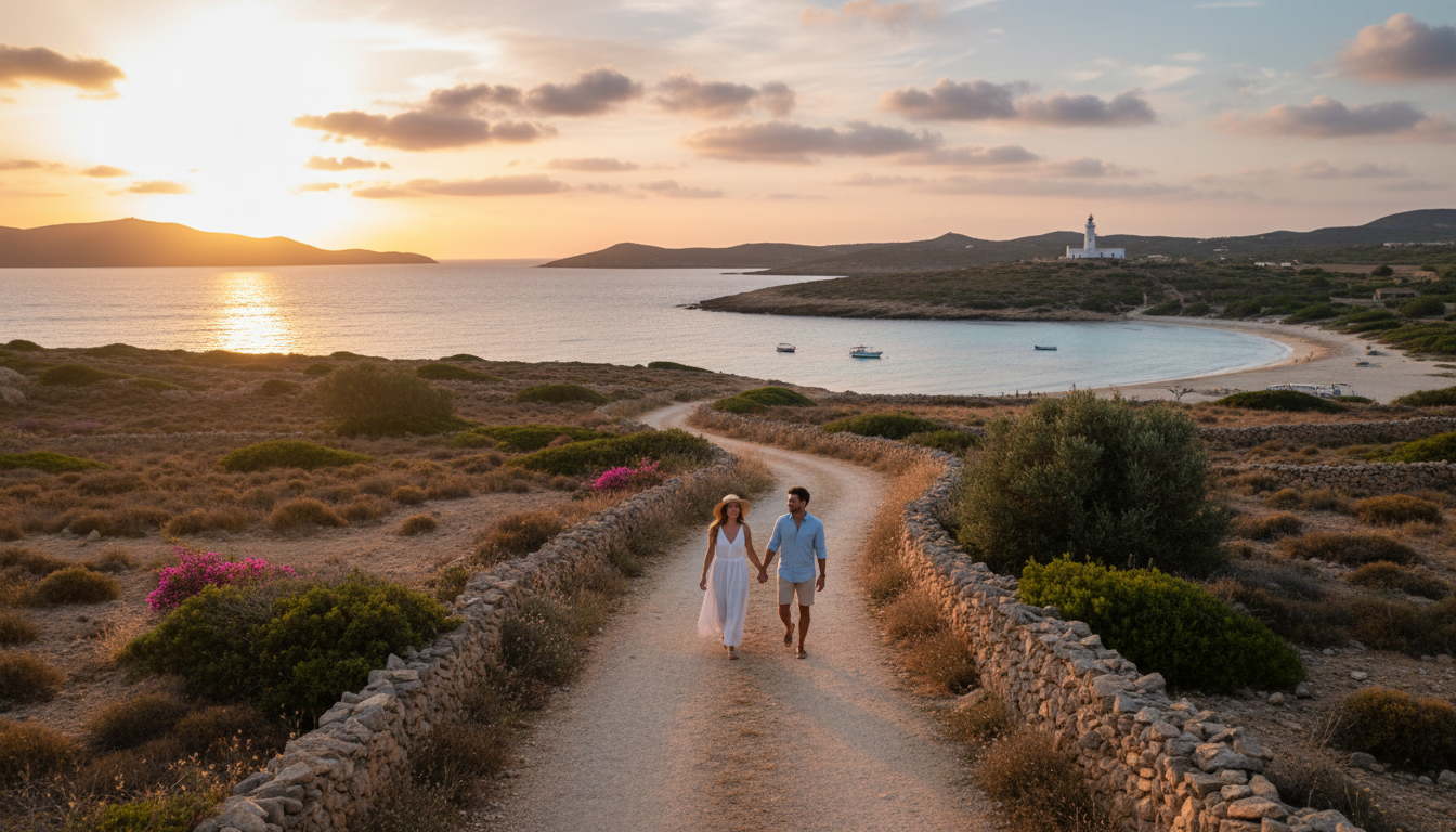 Camino rural de Formentera al atardecer con pinos mediterraneos