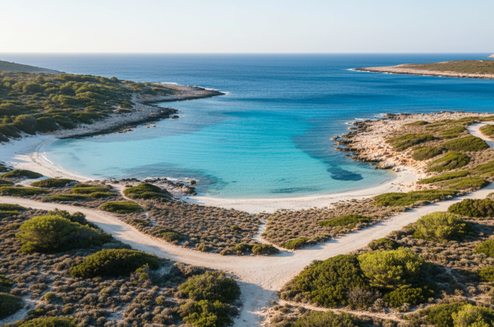 Cala con aguas turquesas en Formentera y camino rural con vegetacion mediterranea