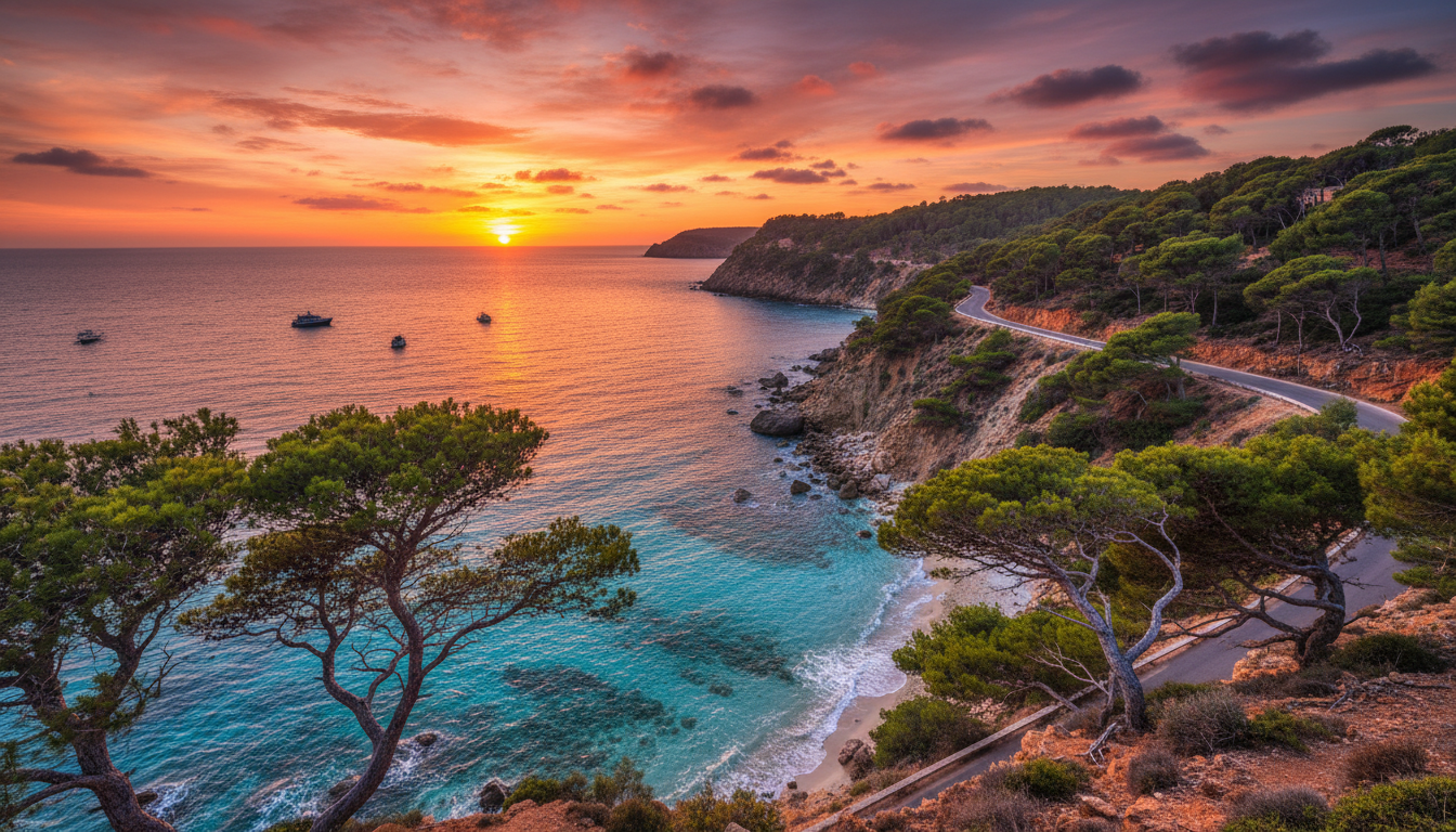 Atardecer sobre la costa de Formentera con carretera costera y pinos