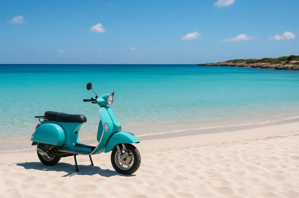 Scooter estacionado junto a una playa de arena blanca y mar turquesa en Formentera, con sol y ambiente veraniego