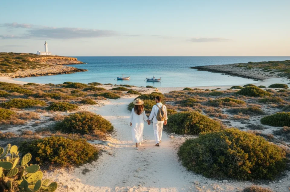 Cala de Formentera al atardecer con sendero, faro y barcas al fondo